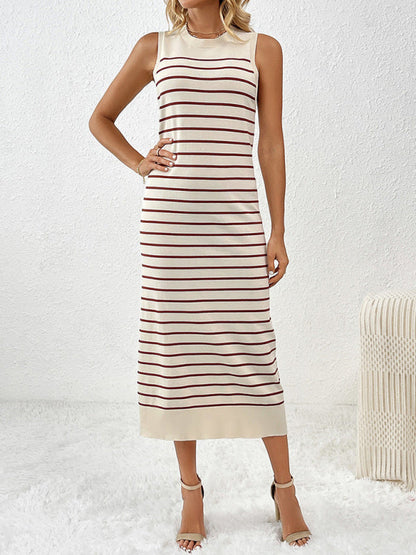 Knit Dresses- Summer Sleeveless Striped Knitted Midi Dress- - IndioGear Fashion and Gear