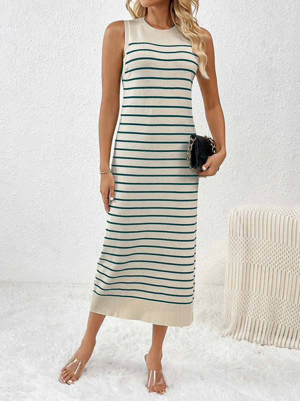 Knit Dresses- Summer Sleeveless Striped Knitted Midi Dress- - IndioGear Fashion and Gear