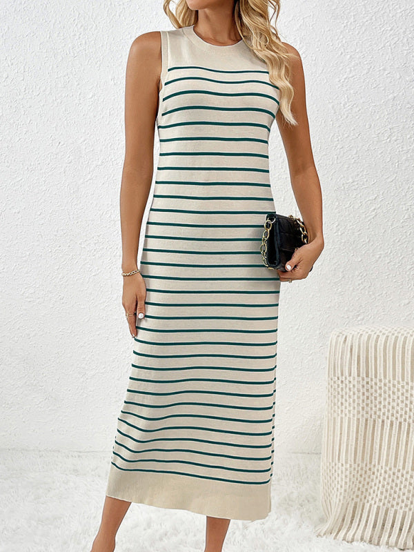 Knit Dresses- Summer Sleeveless Striped Knitted Midi Dress- - IndioGear Fashion and Gear