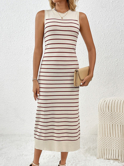 Knit Dresses- Summer Sleeveless Striped Knitted Midi Dress- - IndioGear Fashion and Gear