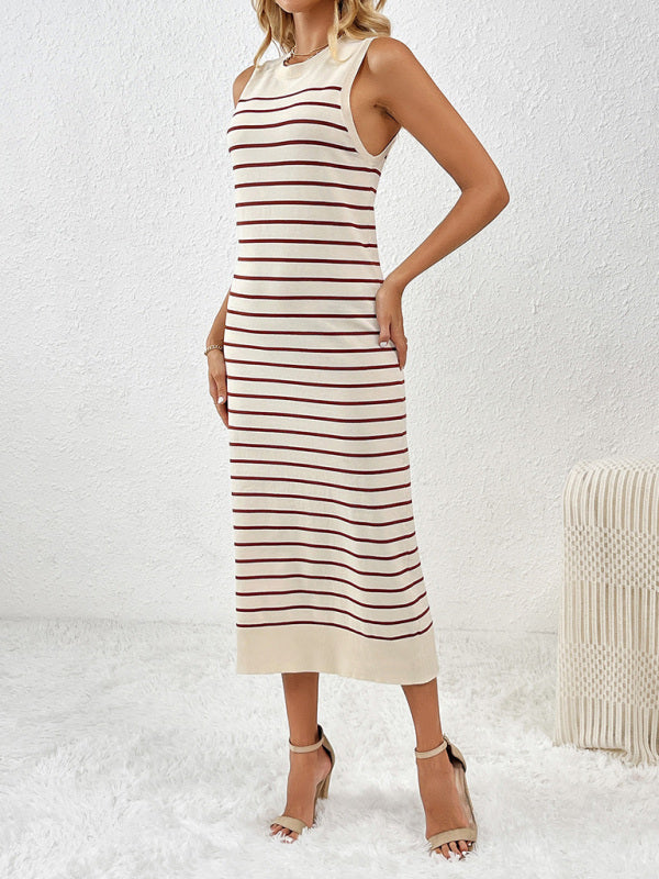 Knit Dresses- Summer Sleeveless Striped Knitted Midi Dress- - IndioGear Fashion and Gear