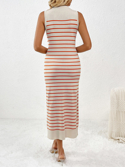 Knit Dresses- Summer Sleeveless Striped Knitted Midi Dress- - IndioGear Fashion and Gear