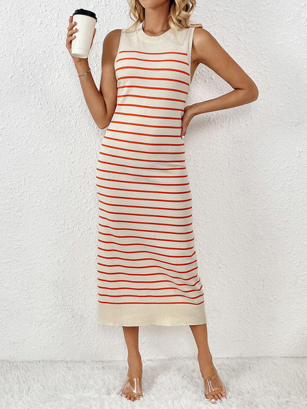 Knit Dresses- Summer Sleeveless Striped Knitted Midi Dress- Orange- IndioGear Fashion and Gear