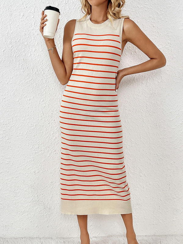 Knit Dresses- Summer Sleeveless Striped Knitted Midi Dress- - IndioGear Fashion and Gear