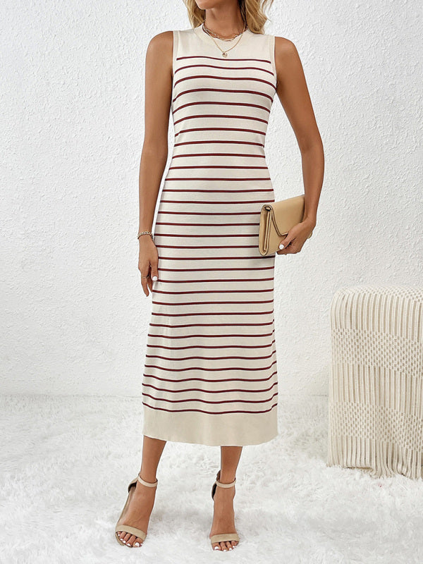 Knit Dresses- Summer Sleeveless Striped Knitted Midi Dress- Wine Red- IndioGear Fashion and Gear