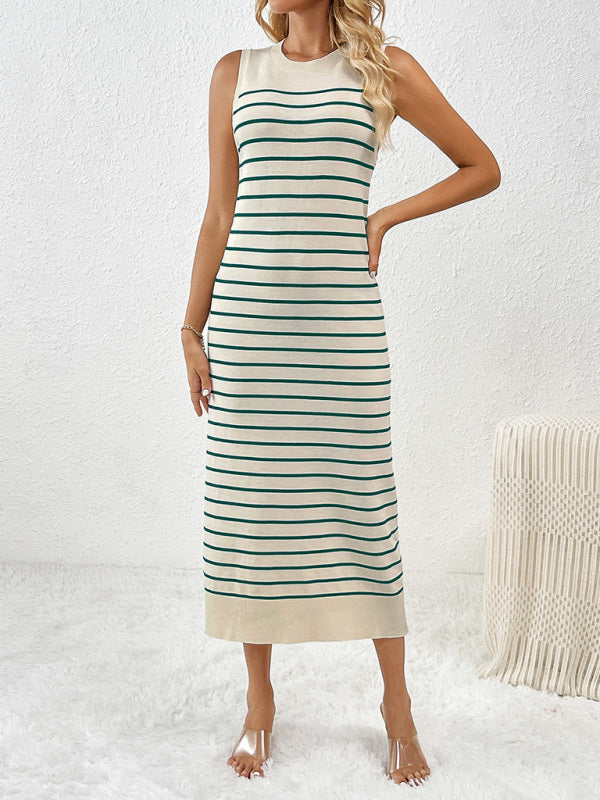 Knit Dresses- Summer Sleeveless Striped Knitted Midi Dress- Green- IndioGear Fashion and Gear