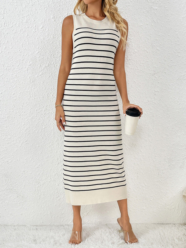 Knit Dresses- Summer Sleeveless Striped Knitted Midi Dress- - IndioGear Fashion and Gear