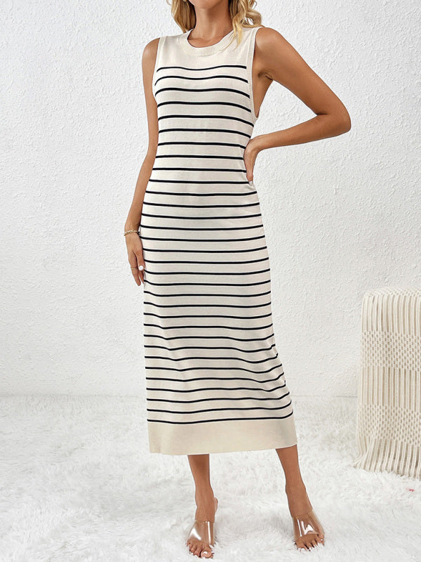 Knit Dresses- Summer Sleeveless Striped Knitted Midi Dress- Black- IndioGear Fashion and Gear