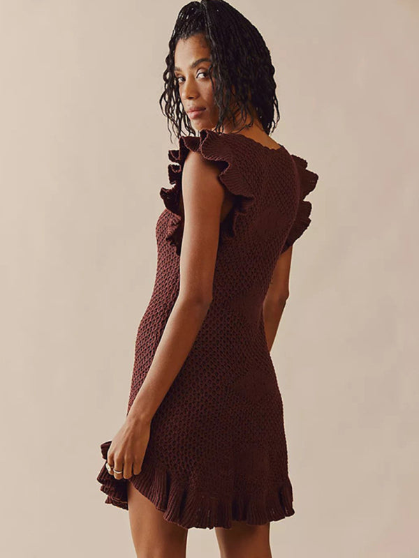 Knit Dresses- Vacation Knitted Sundress with Ruffle Hem - Stringy Selvedge Dress for Summer- - IndioGear Fashion and Gear