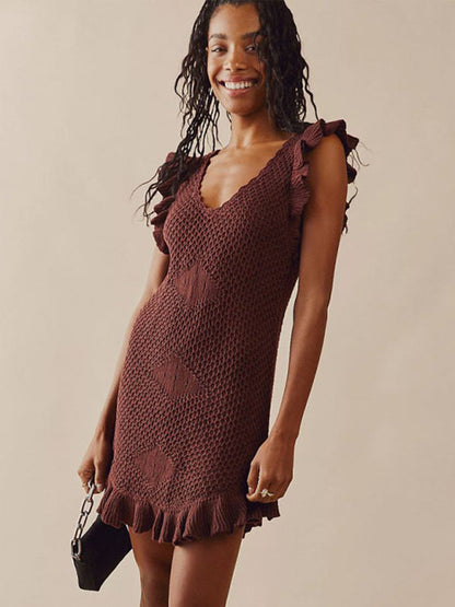 Knit Dresses- Vacation Knitted Sundress with Ruffle Hem - Stringy Selvedge Dress for Summer- Coffee- IndioGear Fashion and Gear