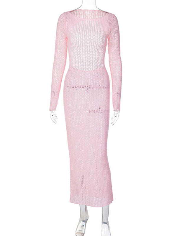 Knit Dresses- Vacation Open Knit Maxi Dress with Long Sleeve- - IndioGear Clothing and Gear