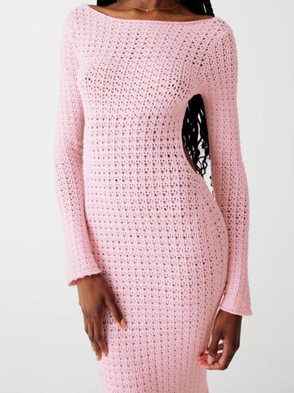 Knit Dresses- Vacation Open Knit Maxi Dress with Long Sleeve- Pink- IndioGear Clothing and Gear