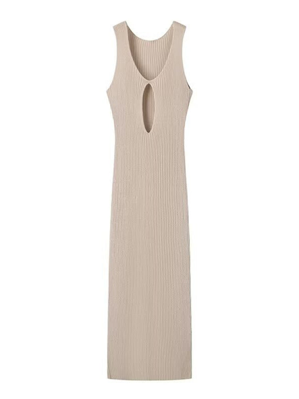 Knit Dresses- Vacation Style Ribbed Knit Cutout Bodycon Midi Dress- Khaki- IndioGear Fashion and Gear