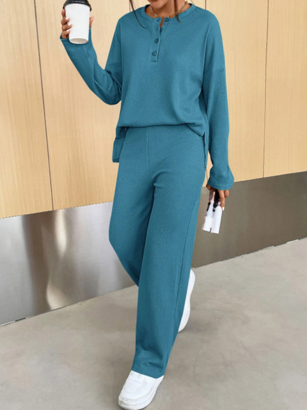 Knitted 2-Piece Loungewear Set - Long Sleeve Top & Relaxed Fit Pants