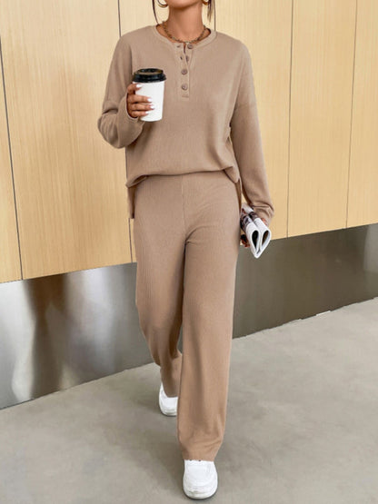 Knitted 2-Piece Loungewear Set - Long Sleeve Top & Relaxed Fit Pants