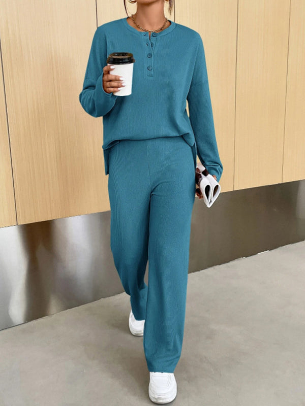 Knitted 2-Piece Loungewear Set - Long Sleeve Top & Relaxed Fit Pants