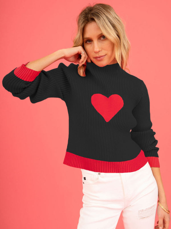 Knit Sweater- Warm Love-Theme Ribbed Knit Sweater for Fall- Black- IndioGear Clothing and Gear