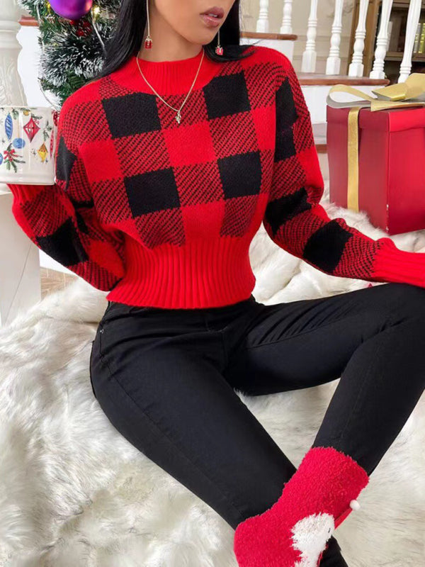 Knit Sweaters- Festive Cropped Plaid Knit Sweater- - IndioGear Clothing and Gear