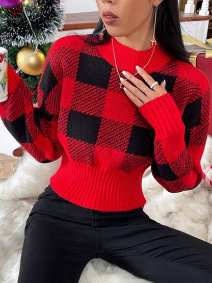 Knit Sweaters- Festive Cropped Plaid Knit Sweater- - IndioGear Clothing and Gear