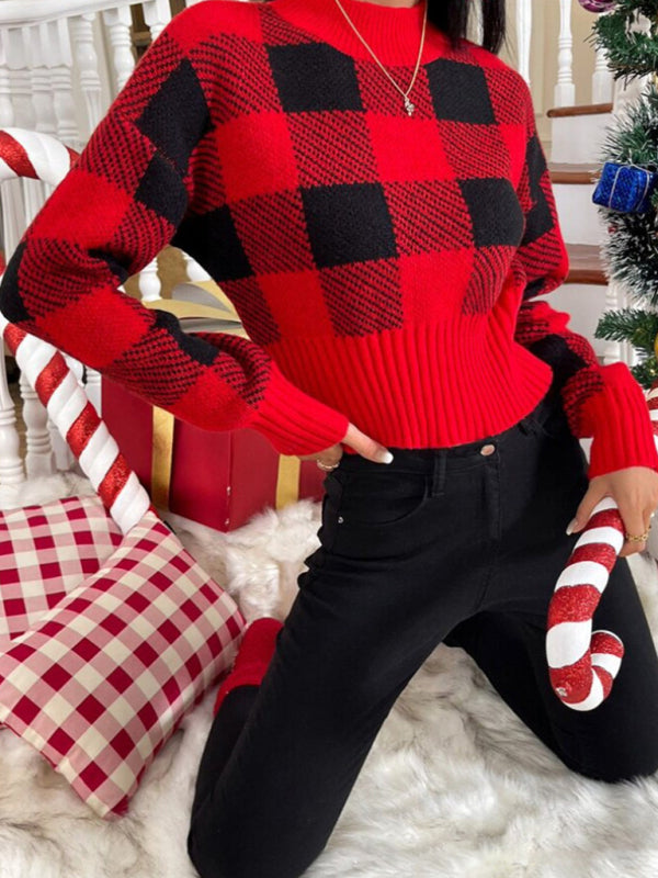 Knit Sweaters- Festive Cropped Plaid Knit Sweater- - IndioGear Clothing and Gear