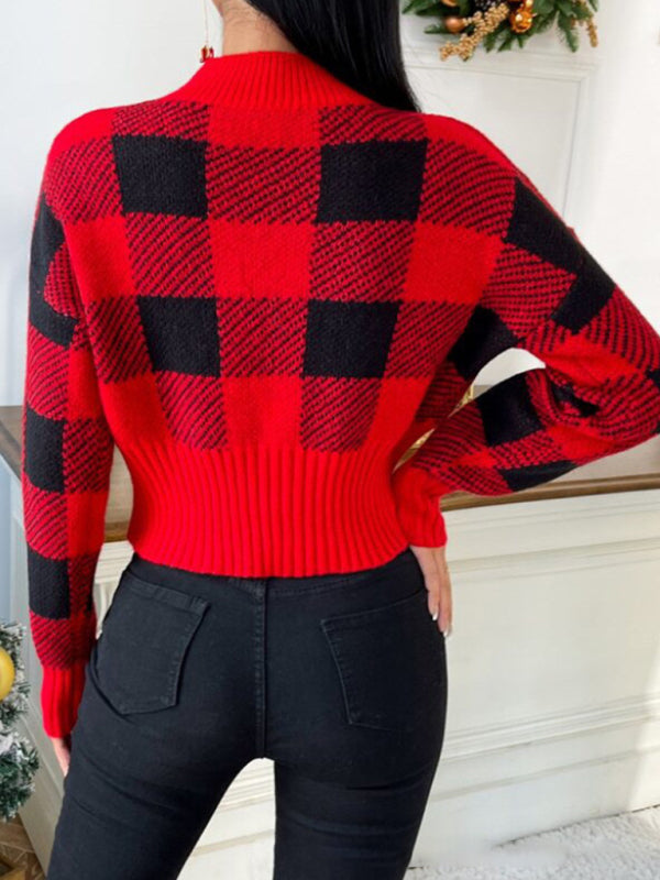 Knit Sweaters- Festive Cropped Plaid Knit Sweater- - IndioGear Clothing and Gear