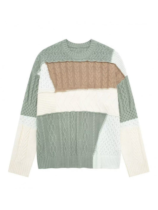 Knit Sweaters- Patchwork Sweaters in Pastel Hues - Knit Pullover- Green- IndioGear Clothing and Gear