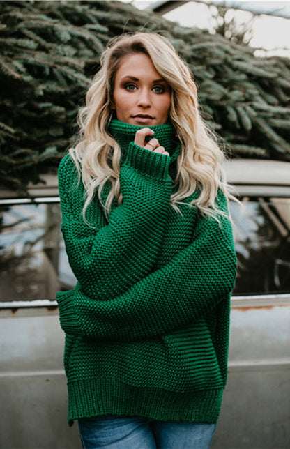 Knit Sweaters- Thick Knitted Chunky Turtle Neck Sweater- Green- IndioGear Fashion and Gear