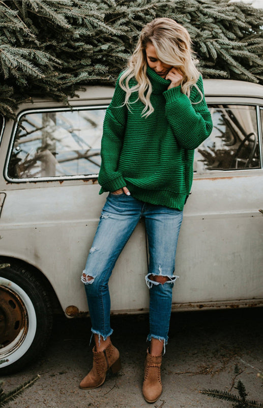 Knit Sweaters- Thick Knitted Chunky Turtle Neck Sweater- - IndioGear Fashion and Gear