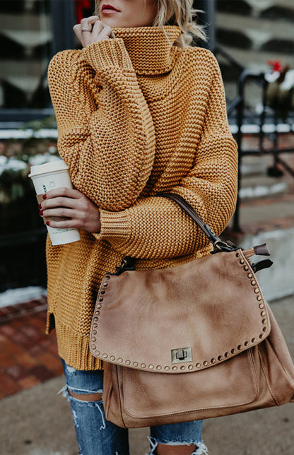 Knit Sweaters- Thick Knitted Chunky Turtle Neck Sweater- Yellow- IndioGear Fashion and Gear