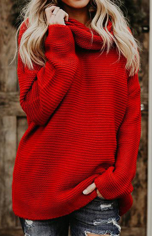 Knit Sweaters- Thick Knitted Chunky Turtle Neck Sweater- Red- IndioGear Fashion and Gear