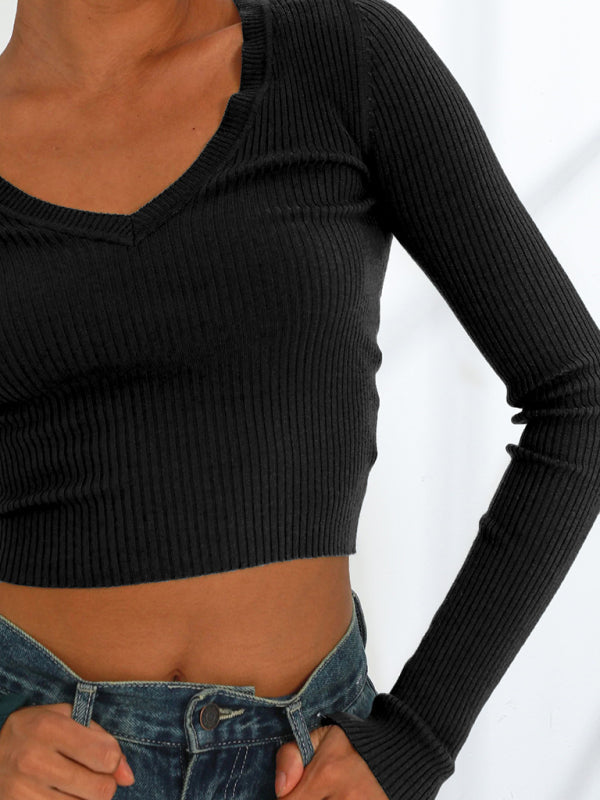 Knit Tees- Ribbed Long Sleeve Crop Top for Shopping Trips- - IndioGear Clothing and Gear