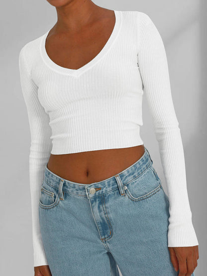 Knit Tees- Ribbed Long Sleeve Crop Top for Shopping Trips- - IndioGear Clothing and Gear