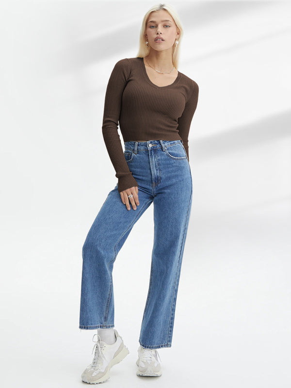 Knit Tees- Ribbed Long Sleeve Crop Top for Shopping Trips- - IndioGear Clothing and Gear