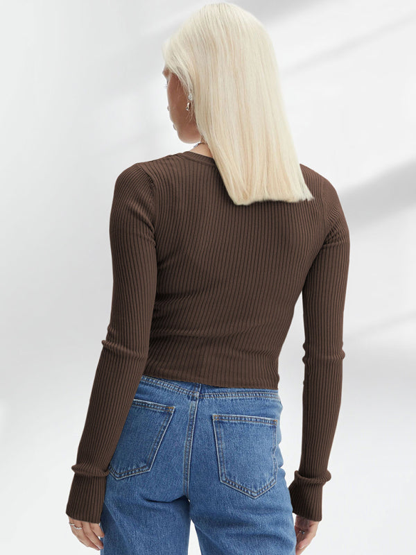 Knit Tees- Ribbed Long Sleeve Crop Top for Shopping Trips- - IndioGear Clothing and Gear