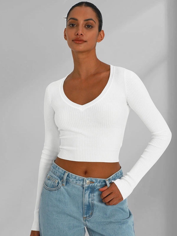 Knit Tees- Ribbed Long Sleeve Crop Top for Shopping Trips- White- IndioGear Clothing and Gear