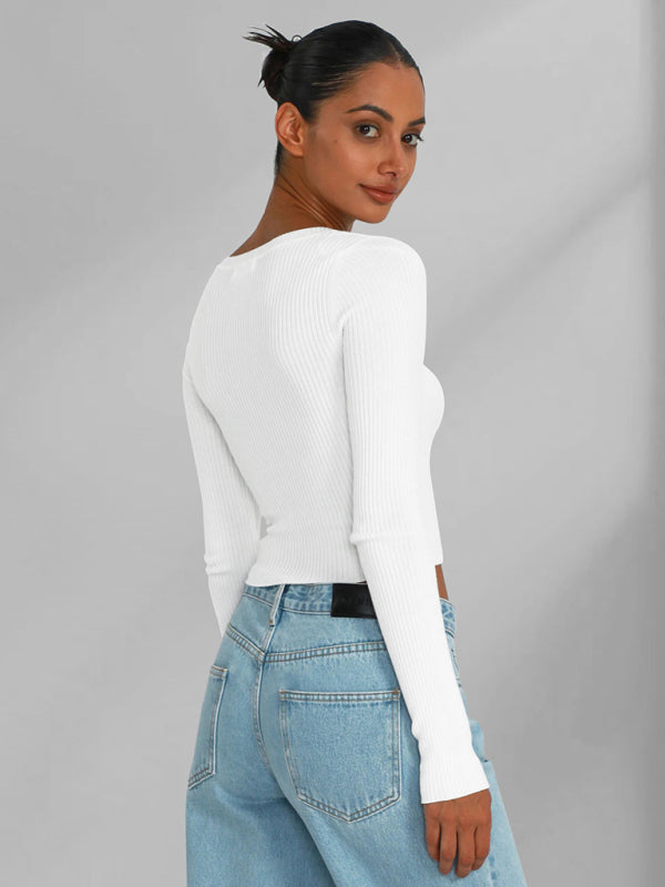 Knit Tees- Ribbed Long Sleeve Crop Top for Shopping Trips- - IndioGear Clothing and Gear