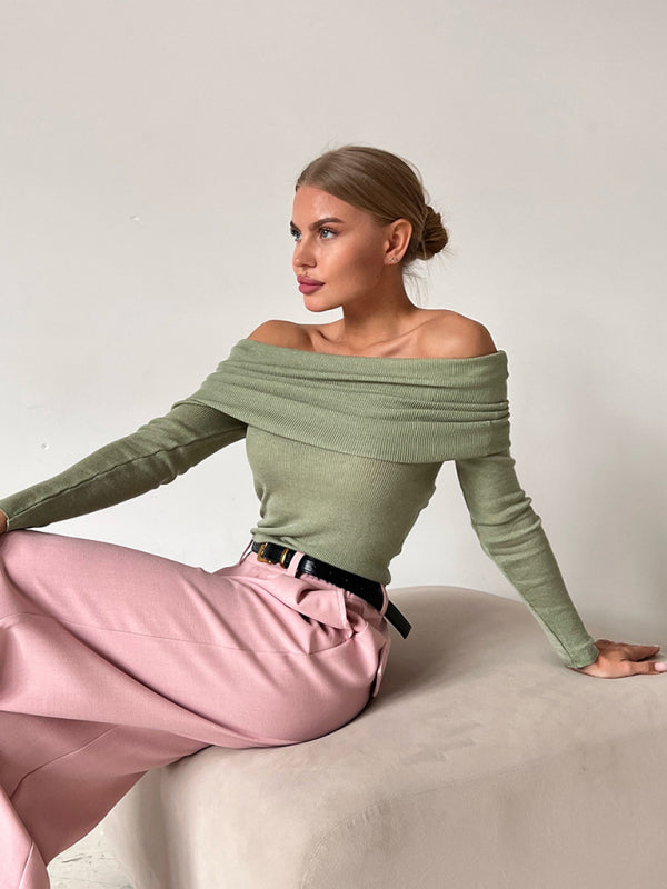 Knit Tops-Knit Off-Shoulder Top with Long Sleeves-Pekosa Women Clothing