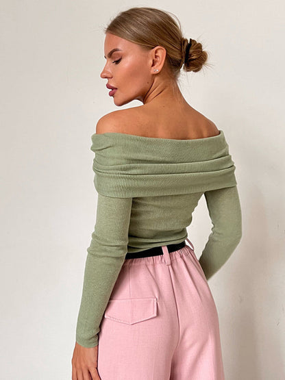 Knit Tops-Knit Off-Shoulder Top with Long Sleeves-Pekosa Women Clothing