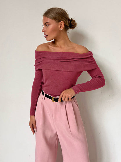 Knit Tops-Knit Off-Shoulder Top with Long Sleeves-Pekosa Women Clothing