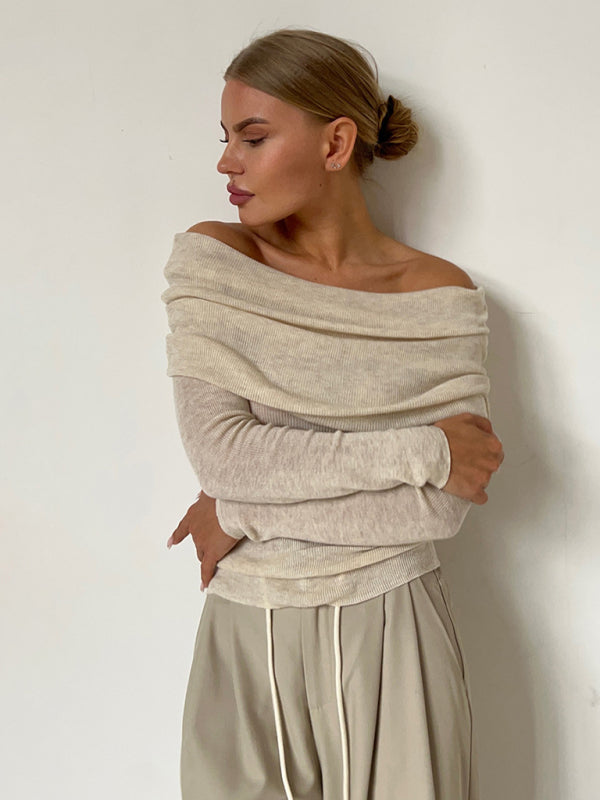 Knit Tops-Knit Off-Shoulder Top with Long Sleeves-Pekosa Women Clothing