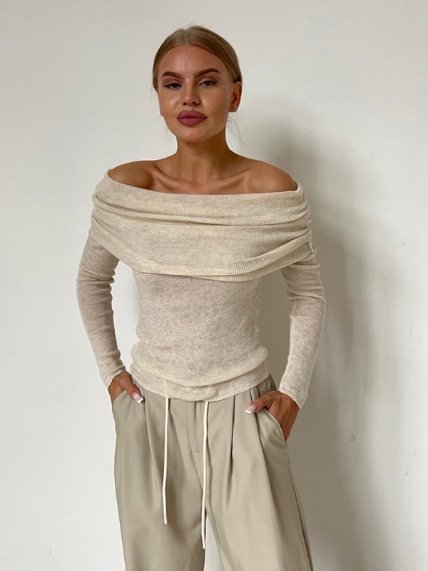 Knit Tops-Knit Off-Shoulder Top with Long Sleeves-Pekosa Women Clothing