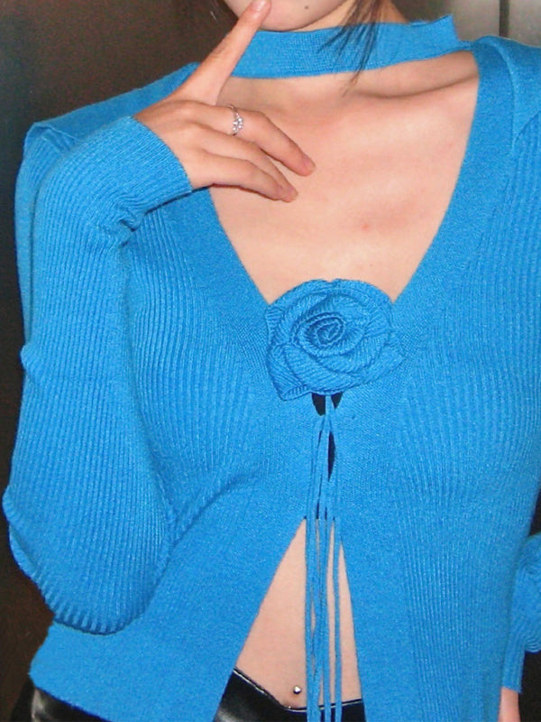 Knit Tops- Knitwear for Fall | Warm Whispers Choker V-Neck Sweater Winter- Blue- IndioGear Clothing and Gear