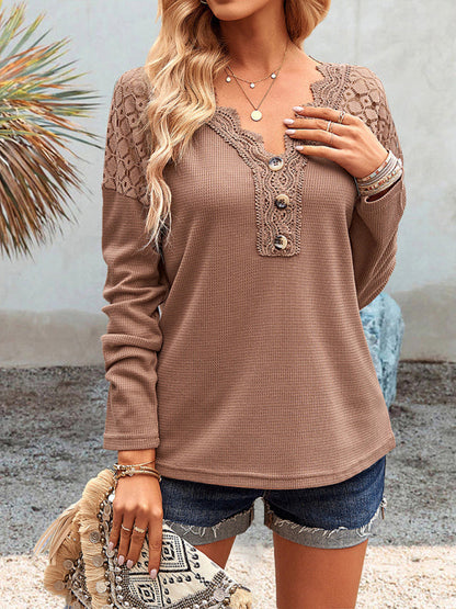 Knit Tops- Textured Long Sleeves V-Neck Top with Lace Accents- Brown- IndioGear Fashion and Gear