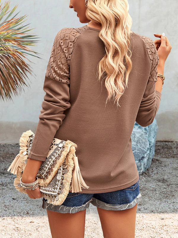 Knit Tops- Textured Long Sleeves V-Neck Top with Lace Accents- - IndioGear Fashion and Gear