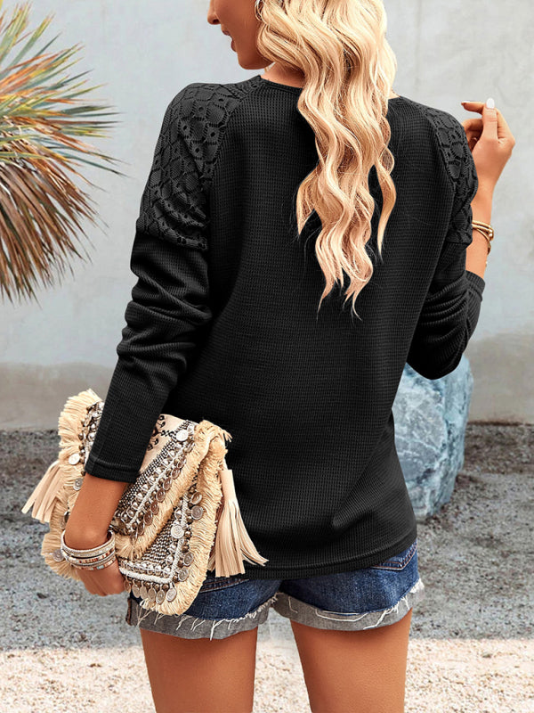 Knit Tops- Textured Long Sleeves V-Neck Top with Lace Accents- - IndioGear Fashion and Gear