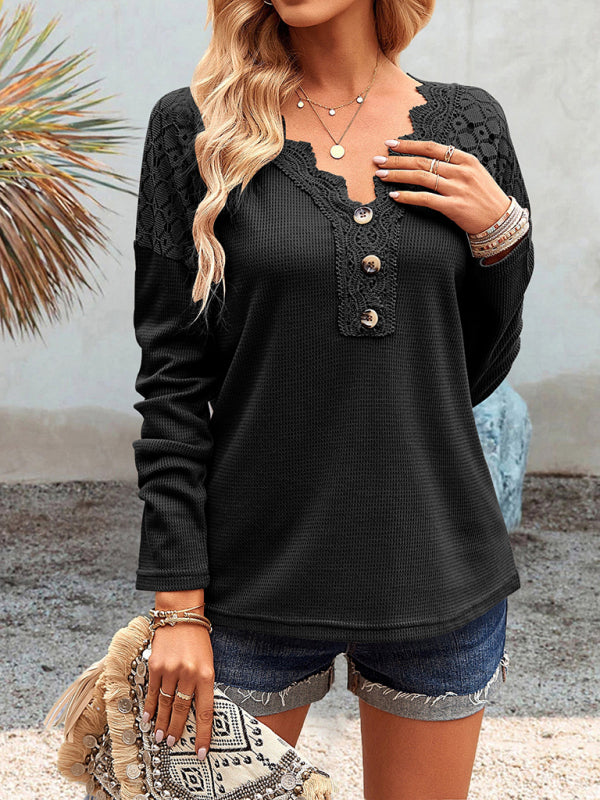 Knit Tops- Textured Long Sleeves V-Neck Top with Lace Accents- - IndioGear Fashion and Gear