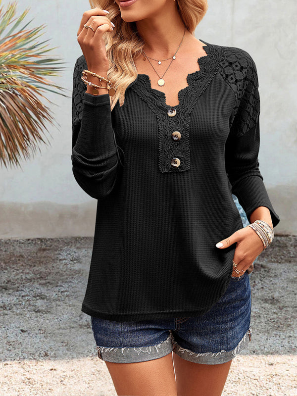 Knit Tops- Textured Long Sleeves V-Neck Top with Lace Accents- Black- IndioGear Fashion and Gear