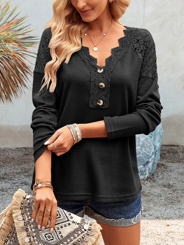 Knit Tops- Textured Long Sleeves V-Neck Top with Lace Accents- - IndioGear Fashion and Gear