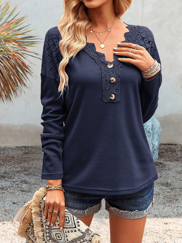 Knit Tops- Textured Long Sleeves V-Neck Top with Lace Accents- - IndioGear Fashion and Gear