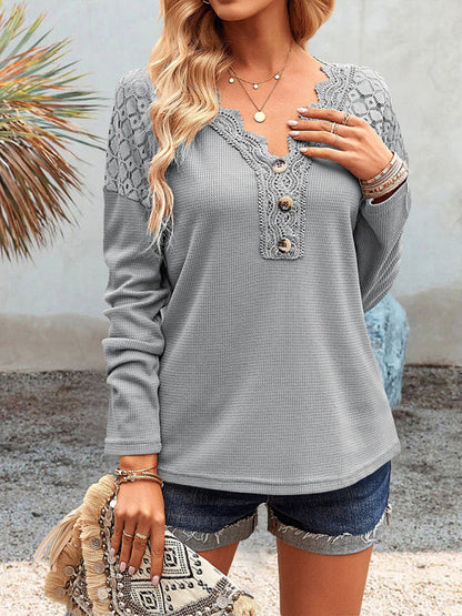 Knit Tops- Textured Long Sleeves V-Neck Top with Lace Accents- - IndioGear Fashion and Gear